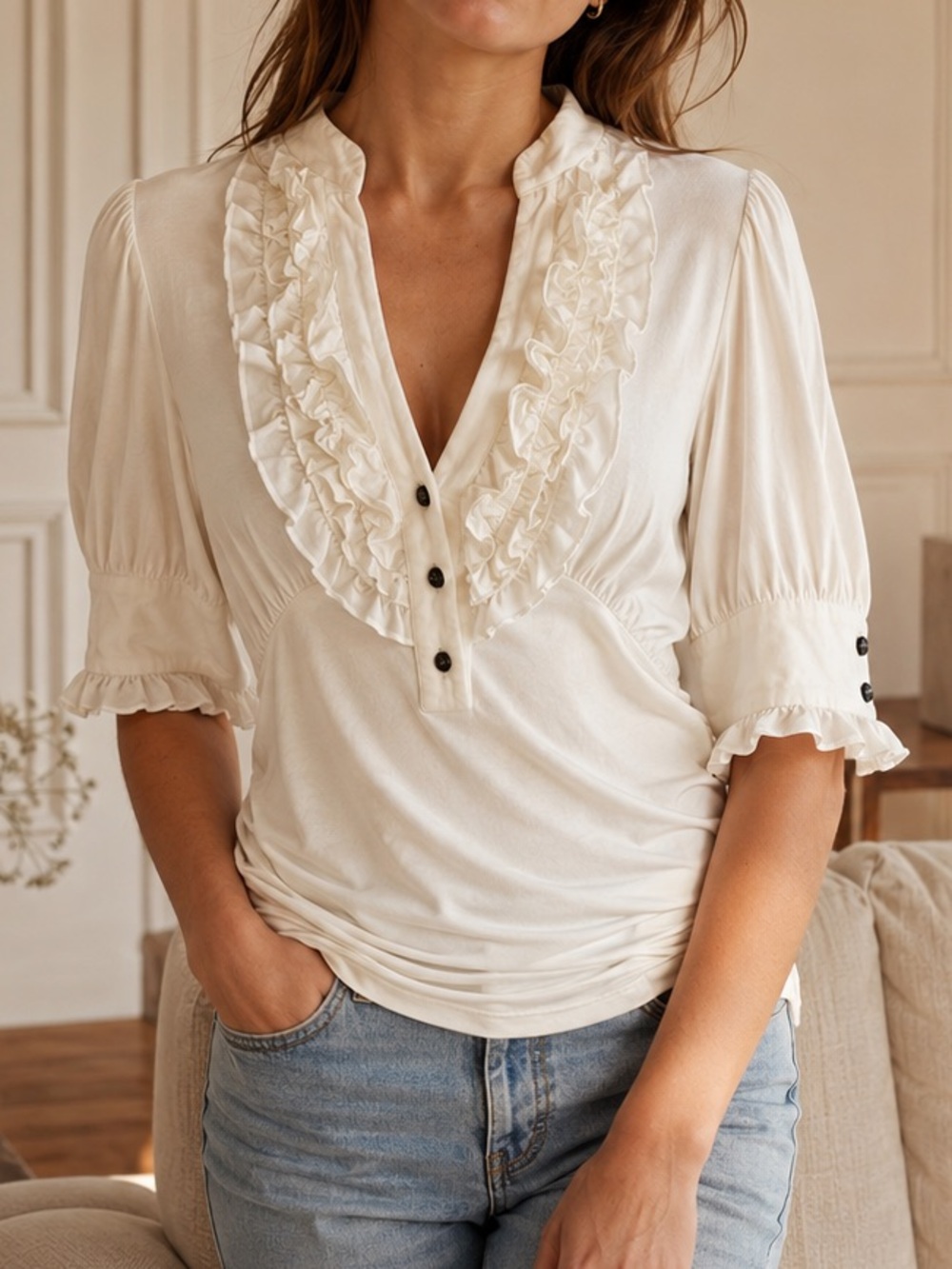VINTAGE | Ruffle V-Neck Top